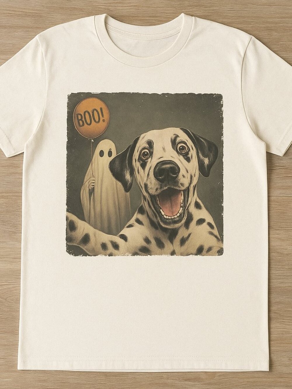 Dalmatian Dog Ghost Selfie Halloween Graphic Tee Cream